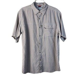The North Face Short Sleeve Beige Plaid Shirt Hook & Loop Zip Pockets Men's Sz M